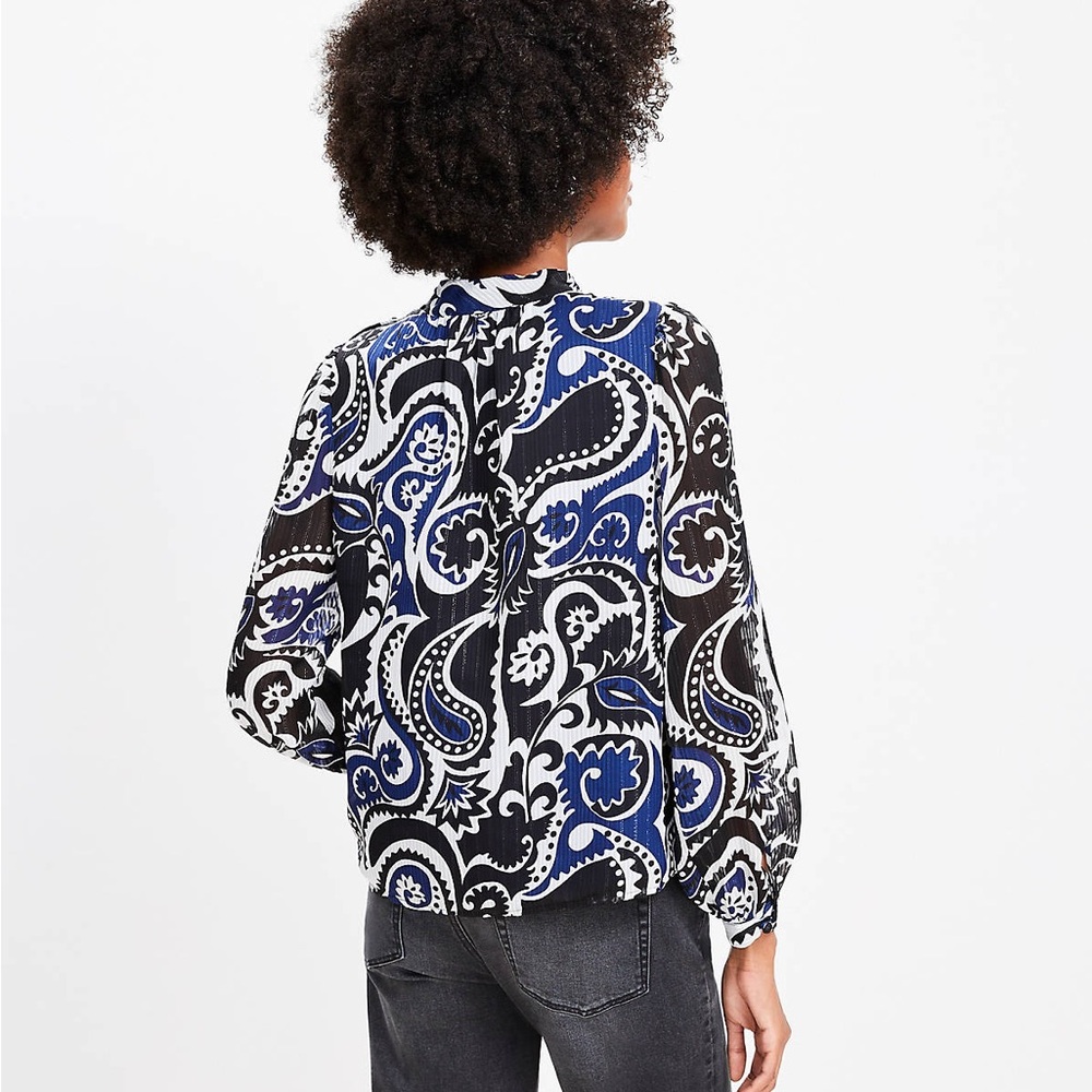 Loft | Shimmer Stripe Paisley Mock Neck Black Blouse - Picture 3 of 11